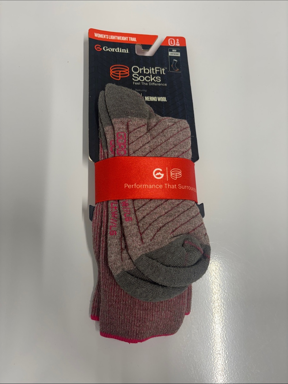 Gordini Womens 2 pair pack lightweight trail crew sock grey and pink size Large